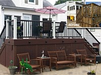 <b>Installed 2 decks. 12� x 16� with landing and pool deck and 10� x 6� cut around pool with steps. Fiberon Cinnebar composite deck boards were used. Railings are composite Trex Railing with black aluminum balusters. Matching lattice is installed under the deck.</b>